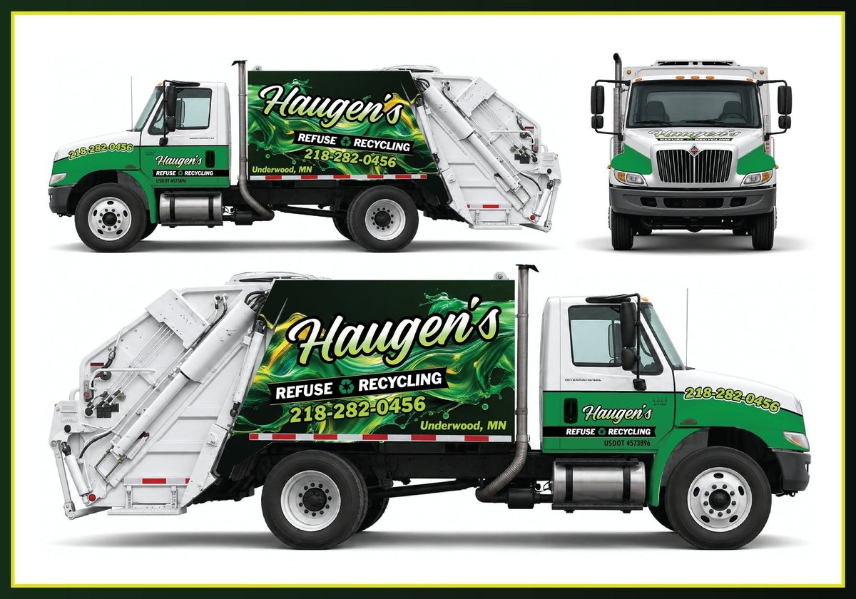 Three green and black garbage trucks shown from different angles displaying refuse and recycling services