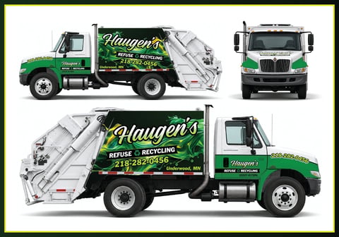 Three green and black Alugens garbage trucks shown from different angles, displaying refuse and recycling services with contact information