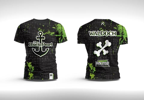 Front and back view of black t-shirt with green accents, anchor logo, Waldoch branding, and skull and crossbones design
