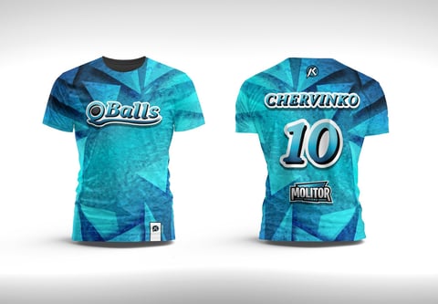 Front and back view of turquoise O Balls sports jersey with number 10 and Chervinko name