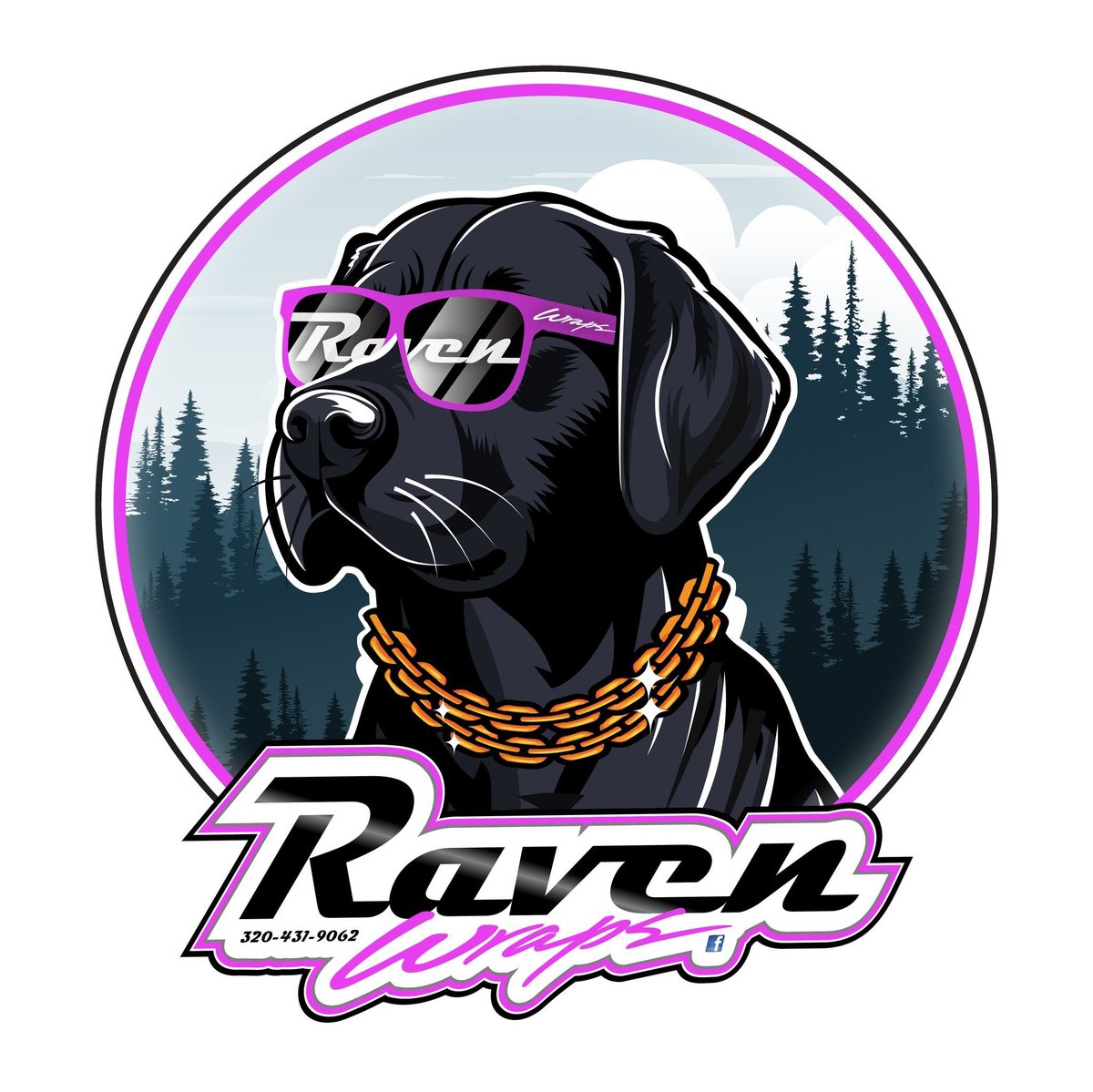 Black dog wearing sunglasses and gold chain with Raven logo, forest background, neon pink circular badge with Raven Crew text