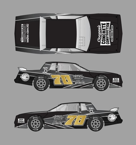 Overhead, side, and front views of a black stock car numbered 70 with yellow and white racing graphics
