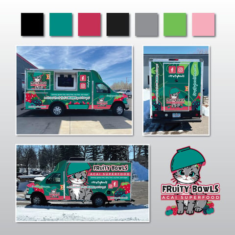 Fruity Bowls food truck branding mockup showing vehicle wrap designs and color palette with logo featuring cartoon character