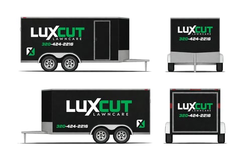 Four enclosed trailer designs for LuxCut Lawncare service, showing black trailers with white and green branding and phone number