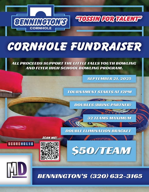Benningtons Cornhole Fundraiser poster with bowling shoes and cornhole boards, event details, and contact information