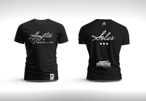 Front and back view of black t-shirts with Amplify Magic Line and Solar logo designs