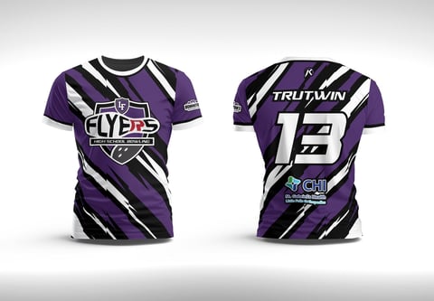 Front and back view of purple sports jersey with diagonal stripes, team logo, and number 13 with TrutWin branding