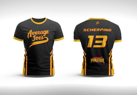 Front and back view of black sports jersey with yellow trim, displaying Average Joes text and SCHERPING 13 with MOLITOR below