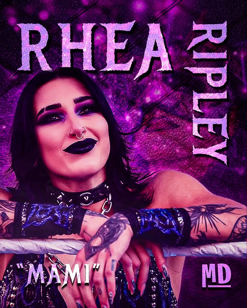 Professional wrestling promotional image of Rhea Ripley with purple and pink neon lighting, MAMI and MD text overlay