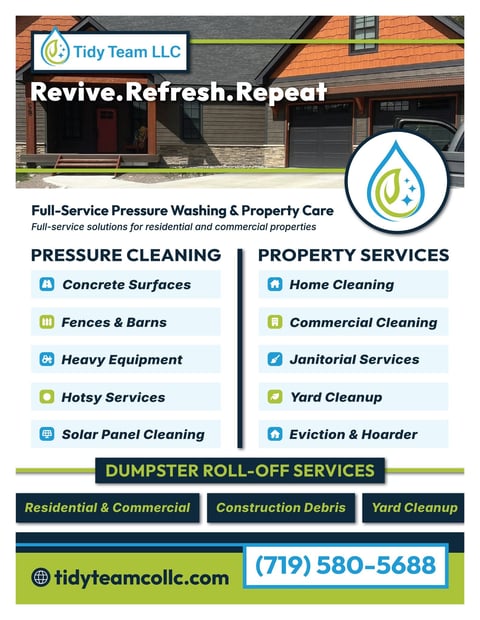 Tidy Team LLC pressure washing and property care services flyer with logo, service list, and contact information