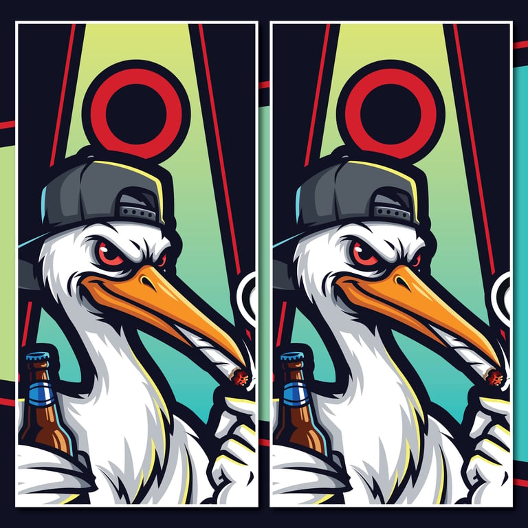 Side-by-side cartoon illustration of a white pelican wearing a red and black cap, smoking a cigar, holding a beer bottle against a colorful geometric background