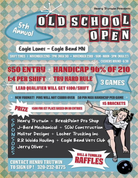 Retro-style flyer for 5th Annual Old School Open bowling tournament at Eagle Lanes in Eagle Bend MN, featuring event details and sponsors
