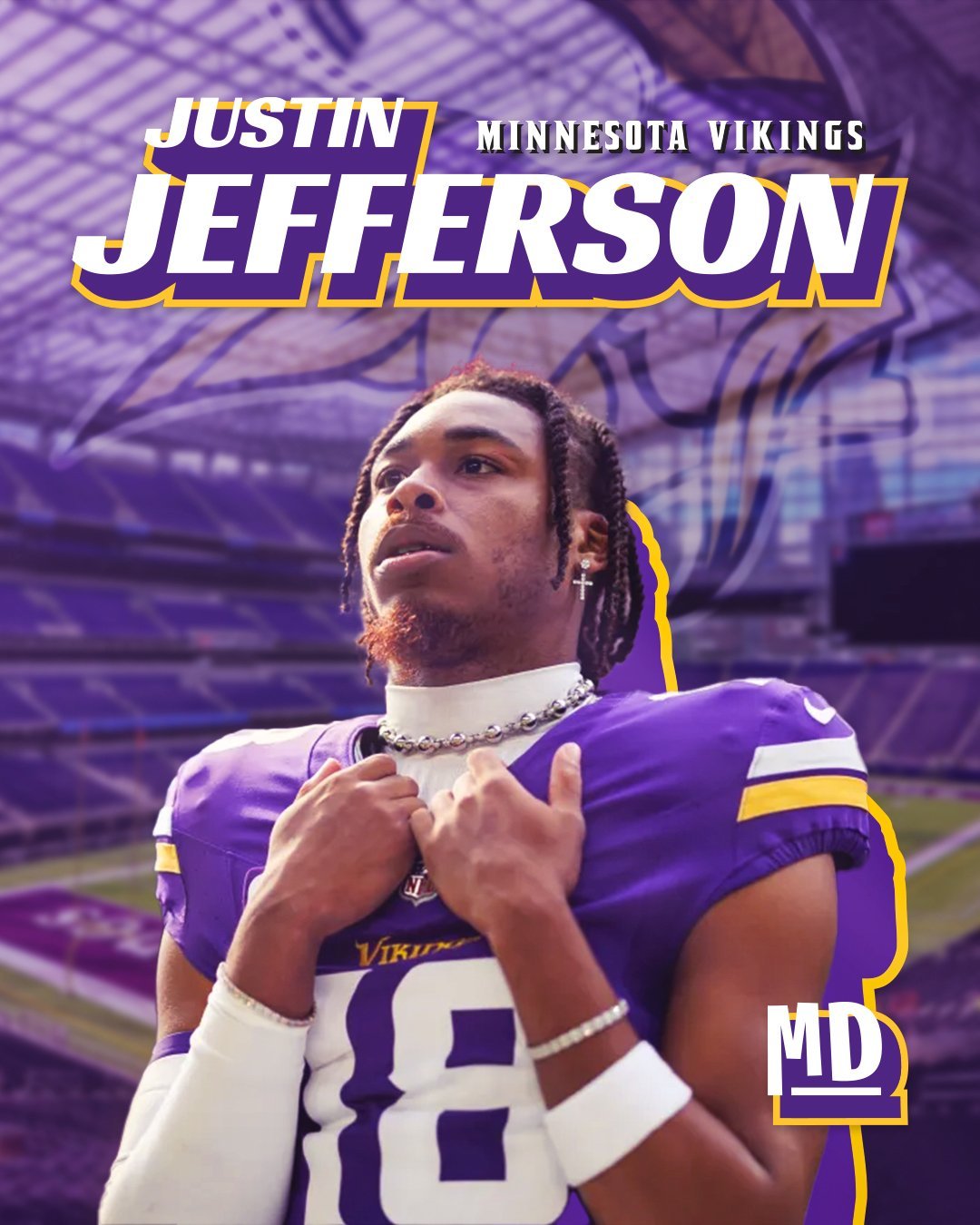 Justin Jefferson Minnesota Vikings football player in purple 8 jersey at stadium background