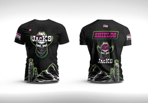 Front and back view of black t-shirts with neon green and pink Jacks Shields design featuring cacti and logo graphics