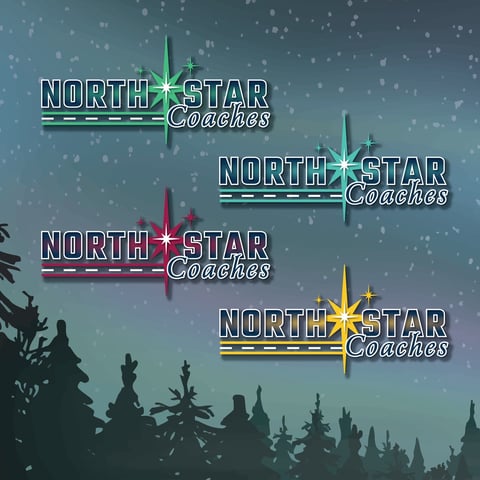 North Star Coaches logo variations with star symbols in green, teal, red, and yellow against a snowy night sky and forest silhouette