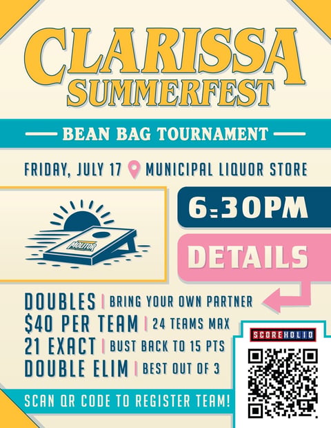 Clarissa Summerfest bean bag tournament flyer for July 17 at Municipal Liquor Store, 6:30pm. Doubles tournament, $40 per team, with QR code to register.