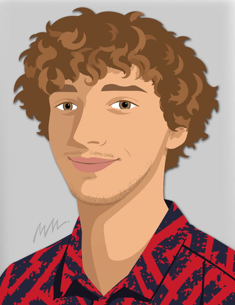 Portrait illustration of a man with curly brown hair wearing a red and navy patterned shirt