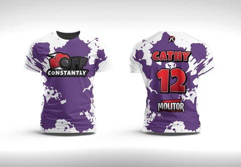 Front and back view of a purple jersey with Love Constantly and Cathy 12 text with white paint splatters
