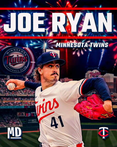 Joe Ryan Minnesota Twins pitcher in red and white uniform number 41, mid-throw with baseball
