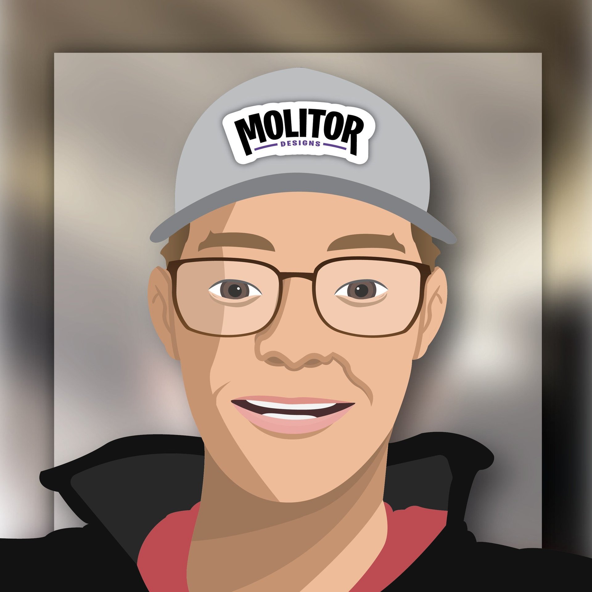 Illustrated portrait of a smiling man wearing glasses and a Molitor Designs baseball cap with a black and red jacket.