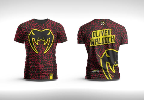 Front and back view of burgundy t-shirt with yellow tiger design and Oliver Walbach text