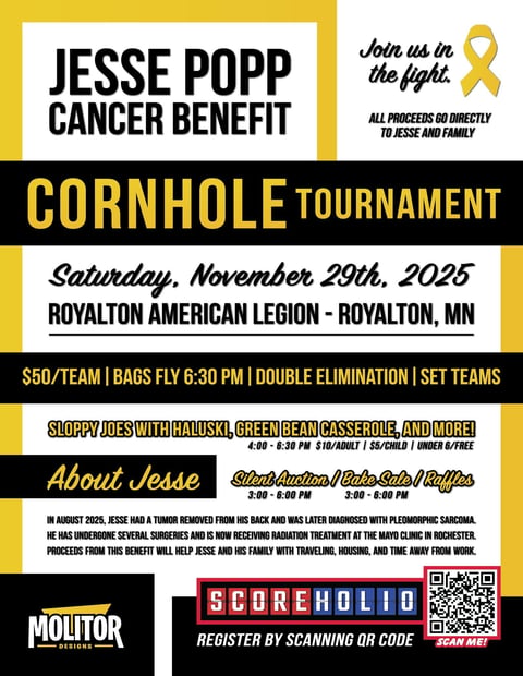 Flyer for Jesse Popp Cancer Benefit Cornhole Tournament on November 29, 2025 in Royalton, MN with event details and registration info