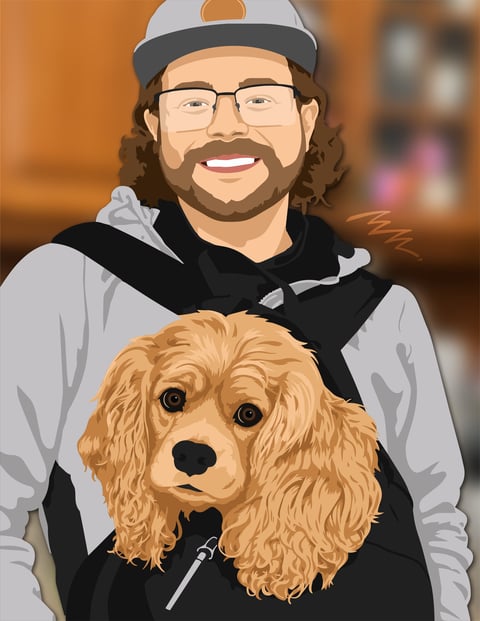 Man with long hair, glasses, and baseball cap holding a golden retriever puppy
