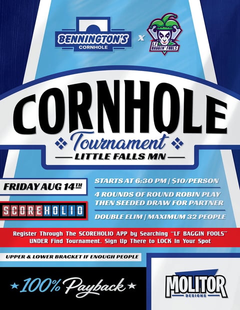 Cornhole Tournament flyer for August 14th in Little Falls, MN hosted by Benningtons Cornhole, starting at 6:30 PM for $10 per person