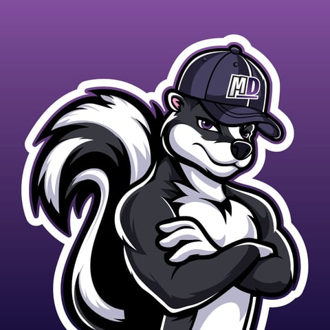 Cartoon skunk mascot wearing a black cap with MD logo, arms crossed, against purple background