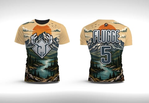 Front and back view of a tan and forest green athletic jersey with wilderness imagery, eagle design, and name FLUDGE number 5