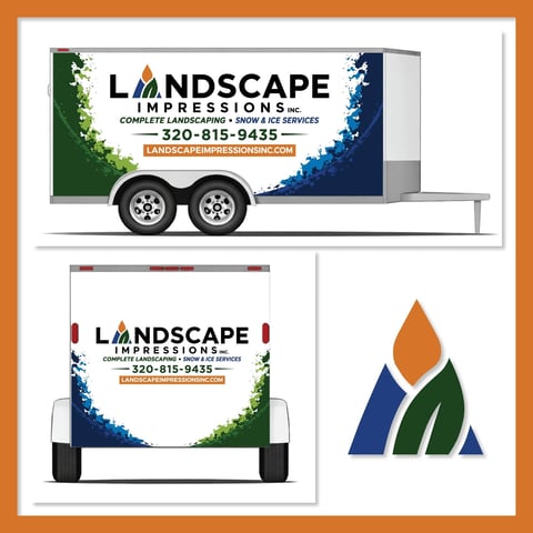 Landscape Impressions company branding mockup showing trailer graphics and logo design with blue, green, and orange color scheme