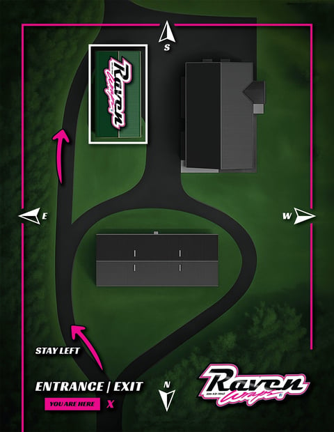 Overhead map layout of Raven nightclub showing entrance, bar, and directional markers on green grass background