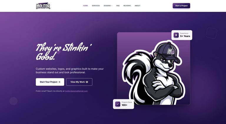 Purple gradient website hero section with They be Stinkin Good text, cartoon skunk character illustration, and call-to-action buttons for website creation