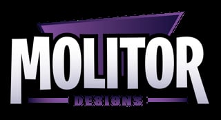 Molitor Designs logo with bold white lettering and purple geometric banner on black background