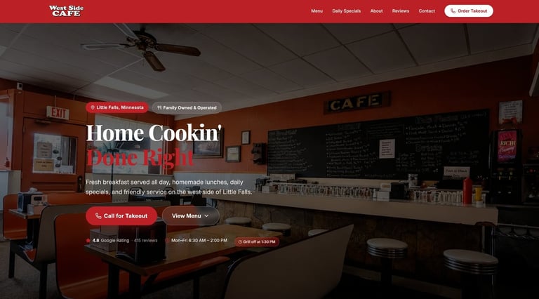 Interior of Home Cookin restaurant with red walls, counter seating, menu boards, and cafe signage
