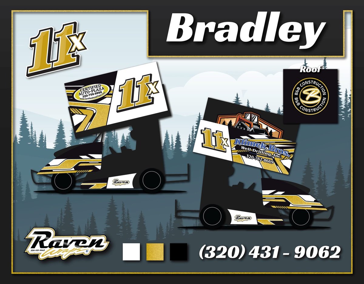 Bradley racing team promotional graphic featuring two race cars with 1K branding, forest backdrop, and contact number