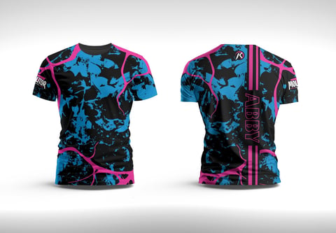 Front and back view of black t-shirt with neon blue and pink graffiti-style floral design and vertical stripe pattern