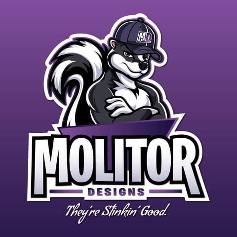 Molitor Designs logo featuring a cartoon skunk wearing a cap with tagline Theyre Stinkin Good on purple background