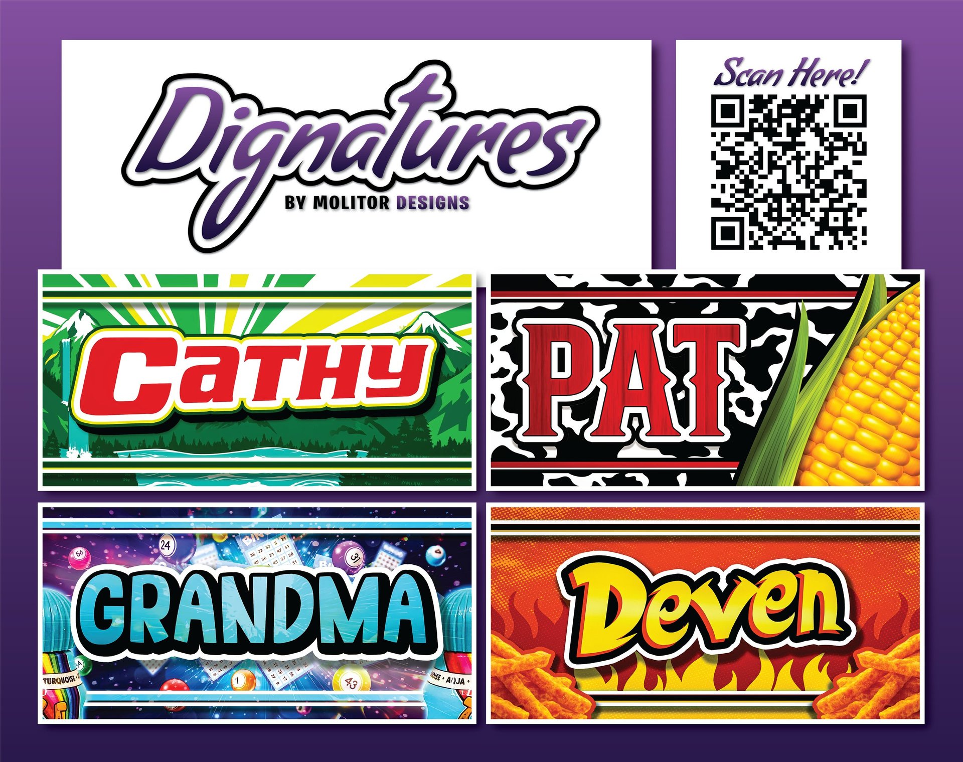 Digitures logo by Digitized Designs with QR code and four colorful slot machine reels labeled Cathy, Pat, Grandma, and Deven