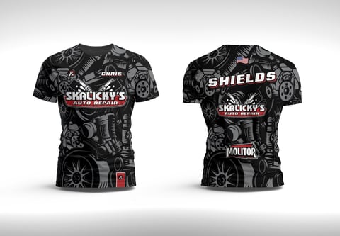 Two black auto repair themed t-shirt designs displayed front and back with automotive parts graphics and text