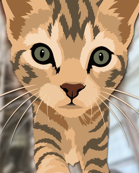 Stylized illustration of a tabby cat with green eyes and dark stripes, facing the camera with a neutral expression