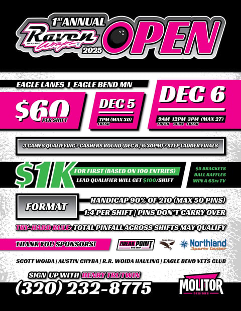 Poster for 1st Annual Raven Open 2025 pinball tournament at Eagle Lanes in Eagle Bend MN, Dec 5-6, featuring $60K prize pool and $1K entry fee