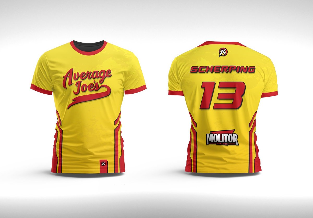 Front and back view of a yellow sports jersey with red trim featuring Average Joes branding and number 13
