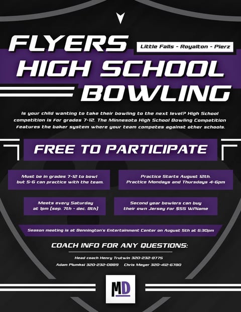 Flyers High School Bowling recruitment flyer with program details, meeting times, and coach contact information