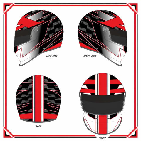 Racing helmet design mockup showing four views: left side, right side, back, and front with red, black, and white stripe pattern