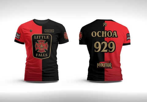 Red and black split t-shirt design showing front and back views with Little Falls and Ochoa 929 graphics