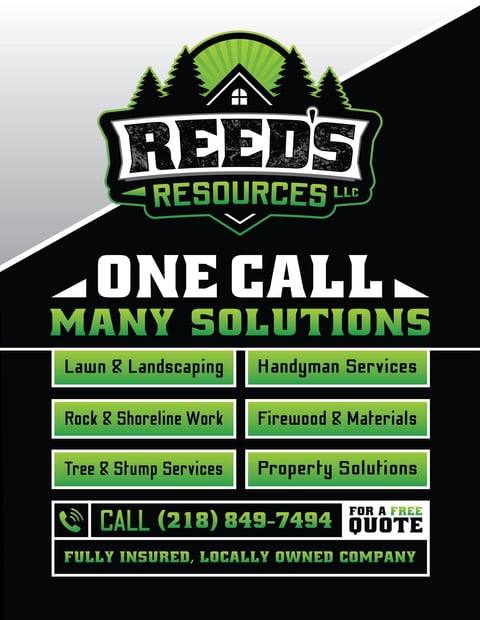 Reeds Resources LLC logo with green and black design featuring services like lawn care, handyman, tree removal, and landscaping with phone number (218) 849-7494