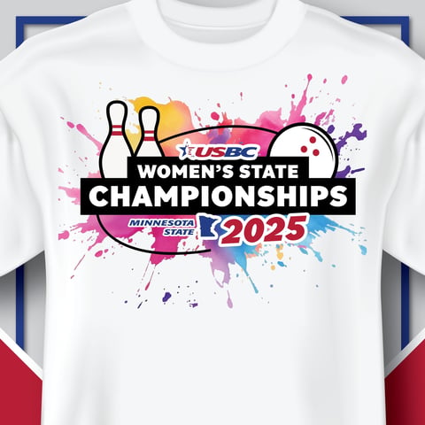 White t-shirt with USBC Womens State Championships 2025 logo featuring bowling pins and colorful paint splashes