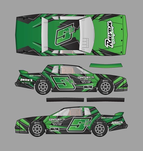 Race car livery design layout showing top, side, and front views of a green and black NASCAR vehicle with number 5