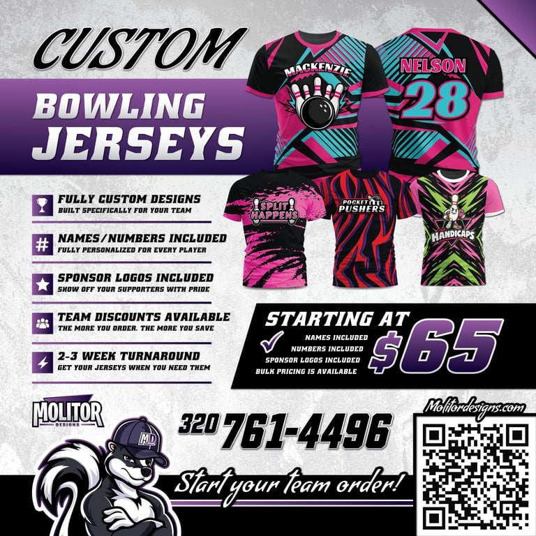 Custom bowling jerseys advertisement featuring pink and black designs with pricing at $65, contact number, and team discount options.